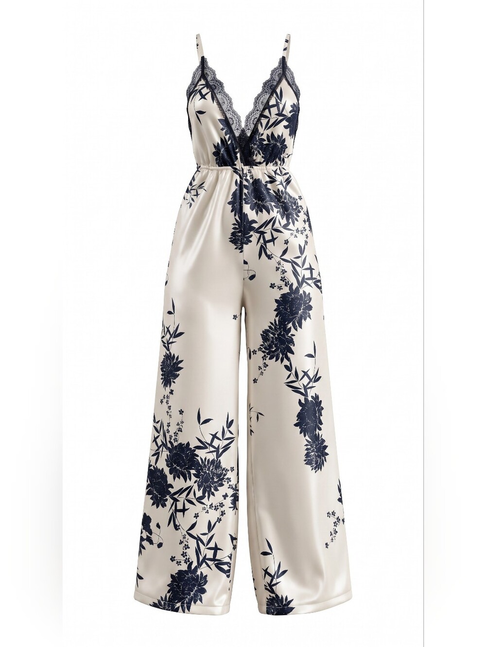 Silky Cream & Navy Floral Wide-Leg Sleepware